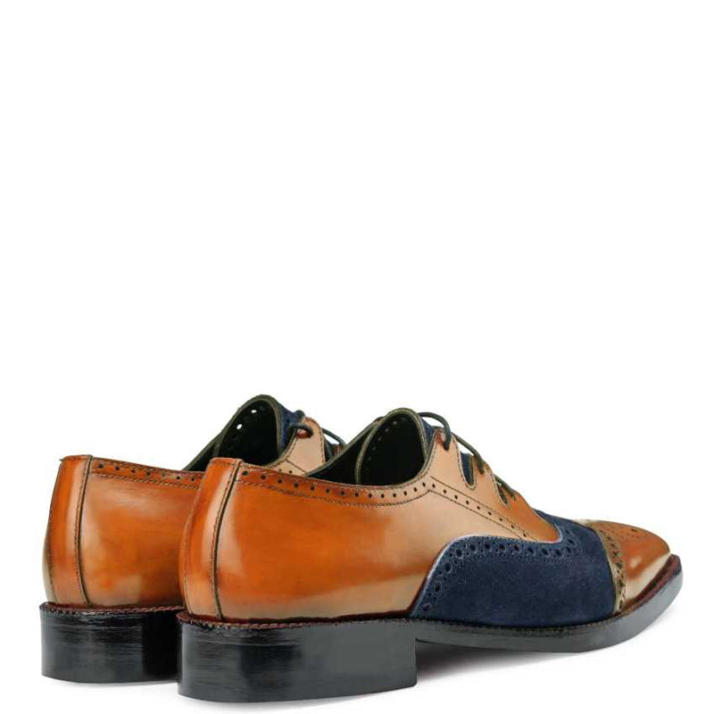 Criss Cross Wingtip Leather Oxford Shoe Tan & Navy