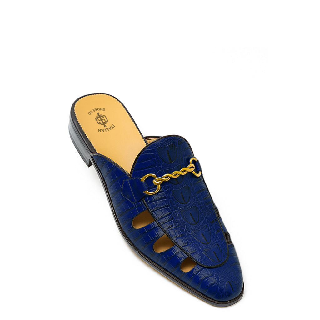 Embellished Textured Leather Mule Blue