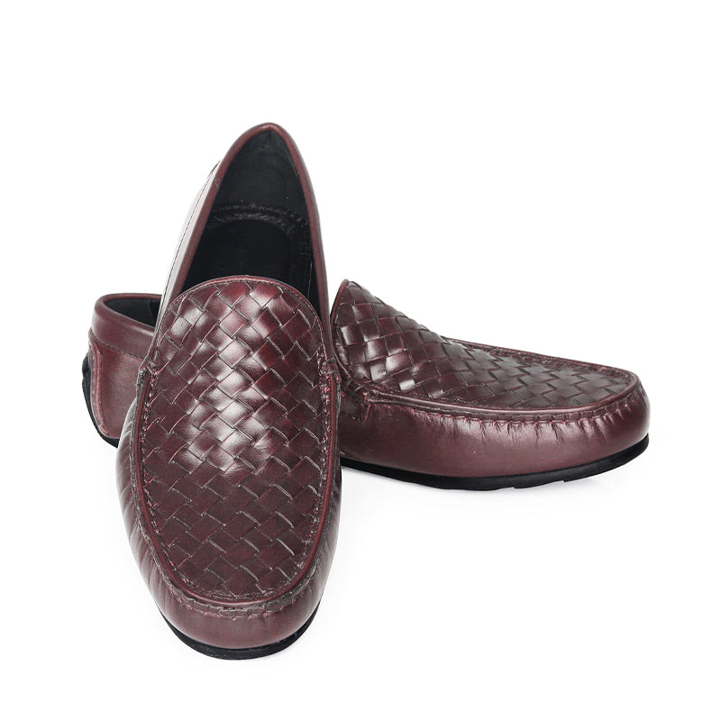 Premium Leather Weaved Textured  Driving Burgundy Loafer