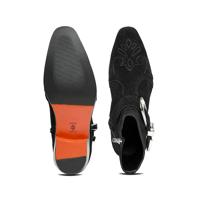 Luxury Suede Stylish Side-Zipper Black Boot With Silver Buckle