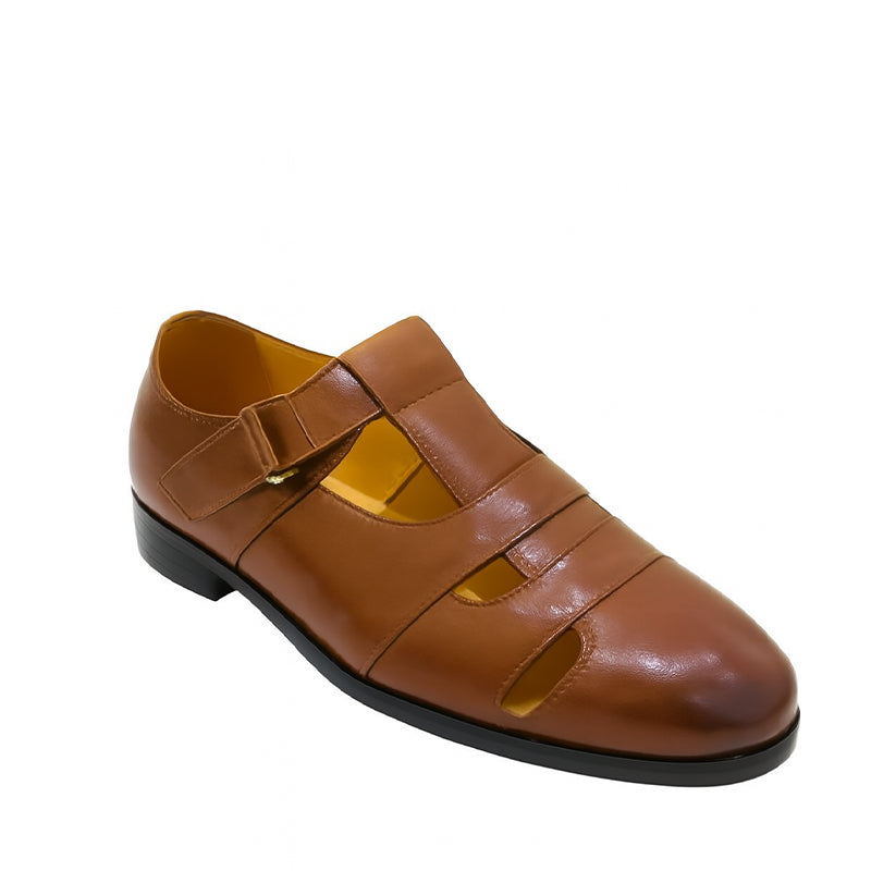 Closed-Toe Tan Leather Sandal with Buckle Strap