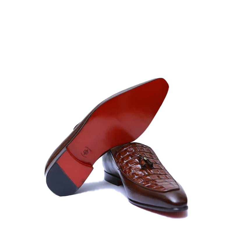 Croco Print Leather Tassel Black Loafer For Men