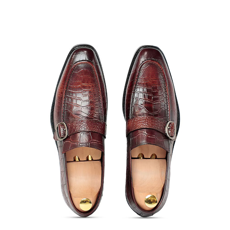 Crocodile Textured Monk Strap Leather Loafer Brown