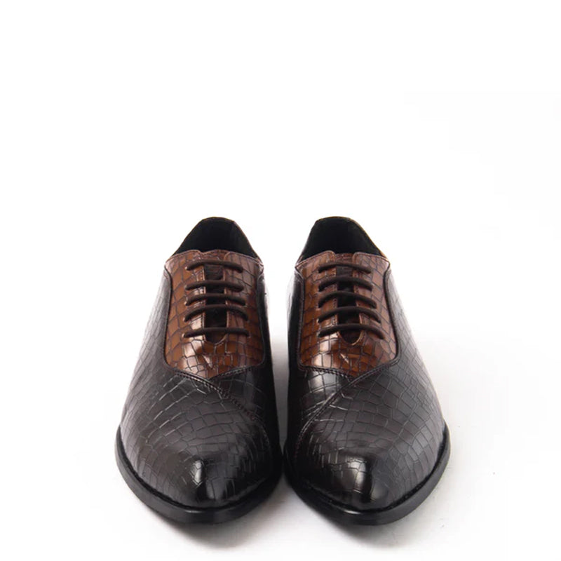 Classic Croco Pointed Toe Lace-Ups Oxford Shoe Tan and Brown