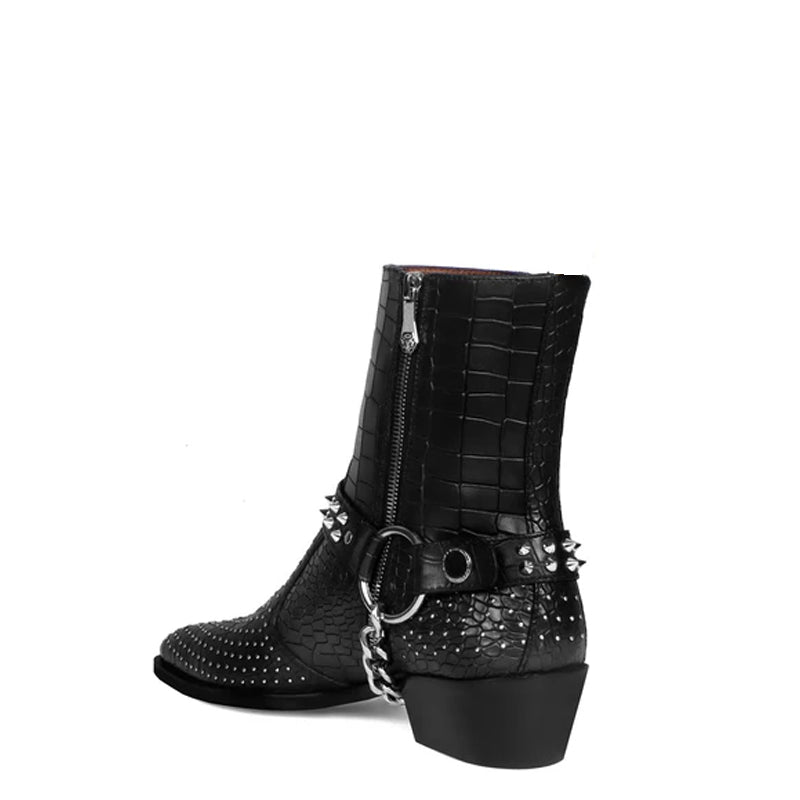 Croco With Silver Studded Buckle Side-Zipper Chain Boots