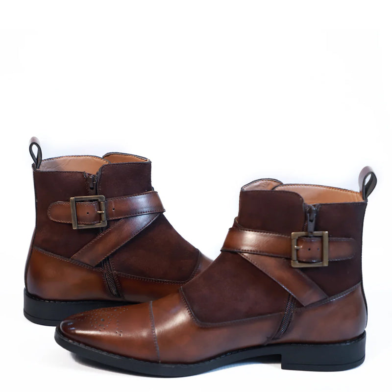 Leather Side Zip-Up Buckled Ankle Brown Boot