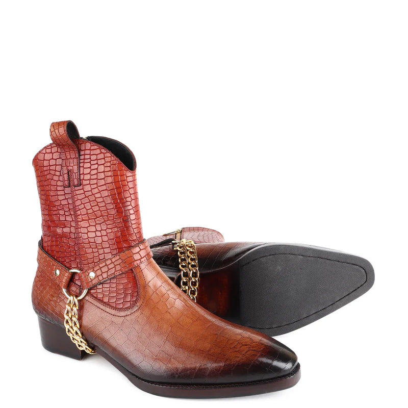 Croco Patina Leather Cowboy Chain Boots
