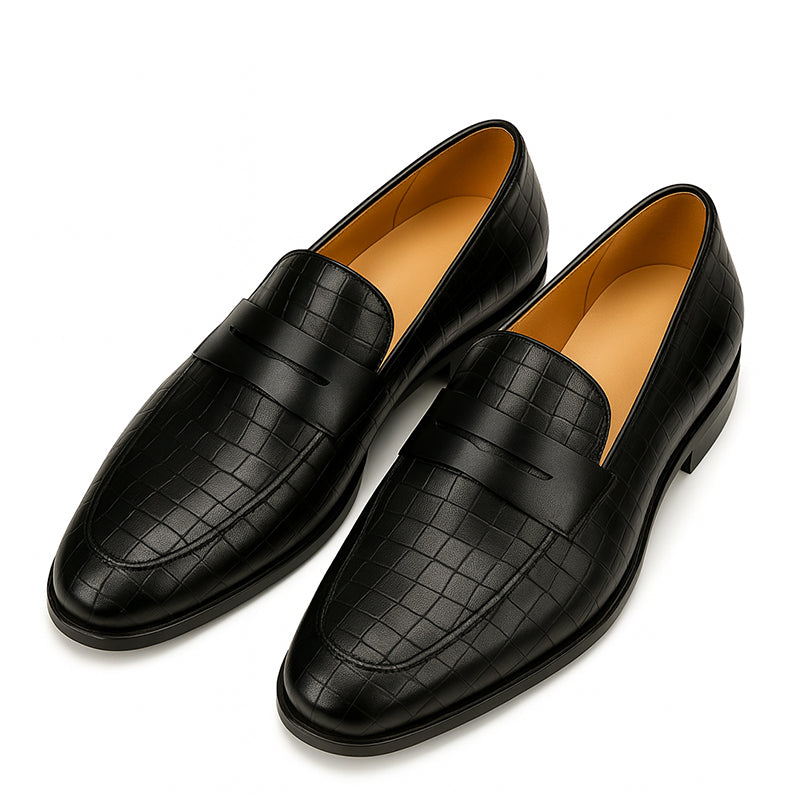 Italian Black Leather Loafer with Textured Pattern
