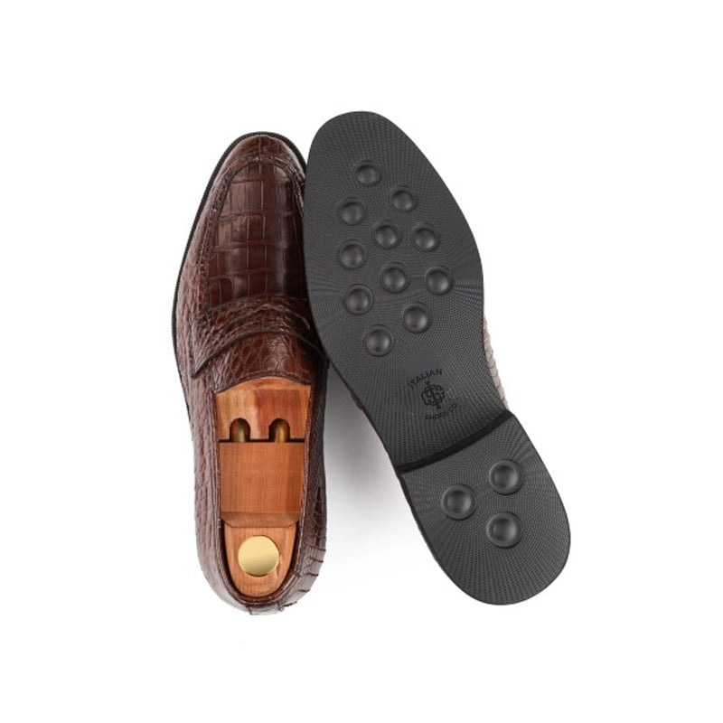 Croco Print Handmade Penny Leather Brown Loafer