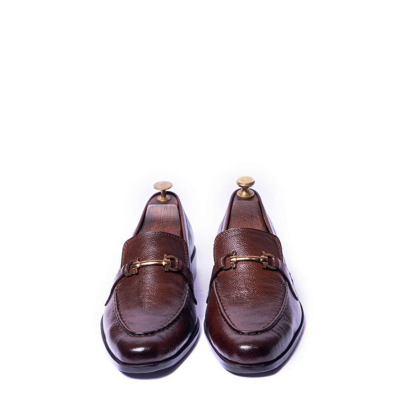 Polished Shiny Leather Horsebit Buckled Brown Loafer