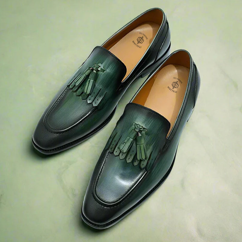 Leather Slip-On Tassel Green Loafer For Men