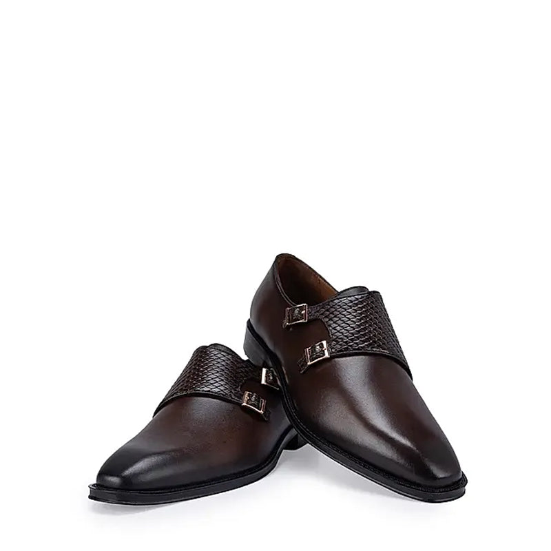 Polished Shiny Leather Textured Double Monk Shoe Brown