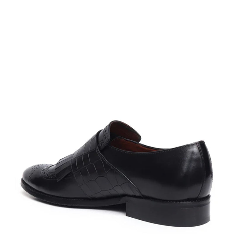Croco Textured Double Monk Black Shoe with Fringes