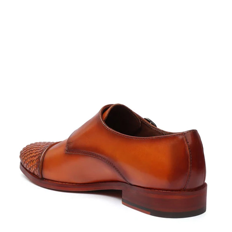 Double Monk Woven Leather Cap-Toe Tan Shoe