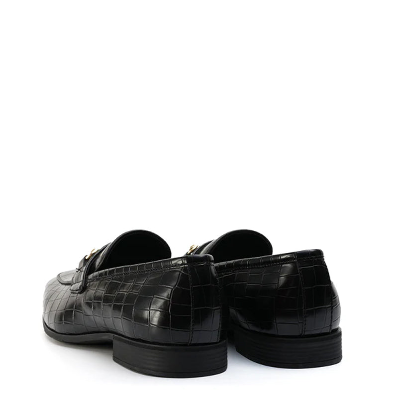 Croco Effect Leather Horsebit Buckled Black Loafer