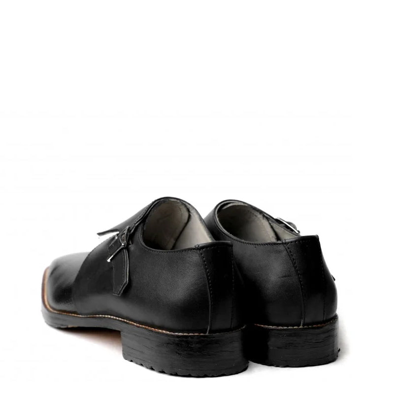 Men Textured Leather Black Single Monk Strap Shoes
