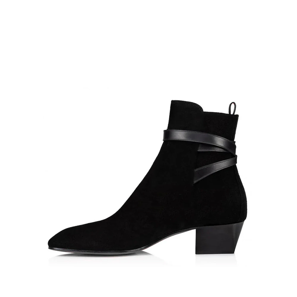 Black Suede Ankle Pointed Toe Boots With Silver Buckle Strap