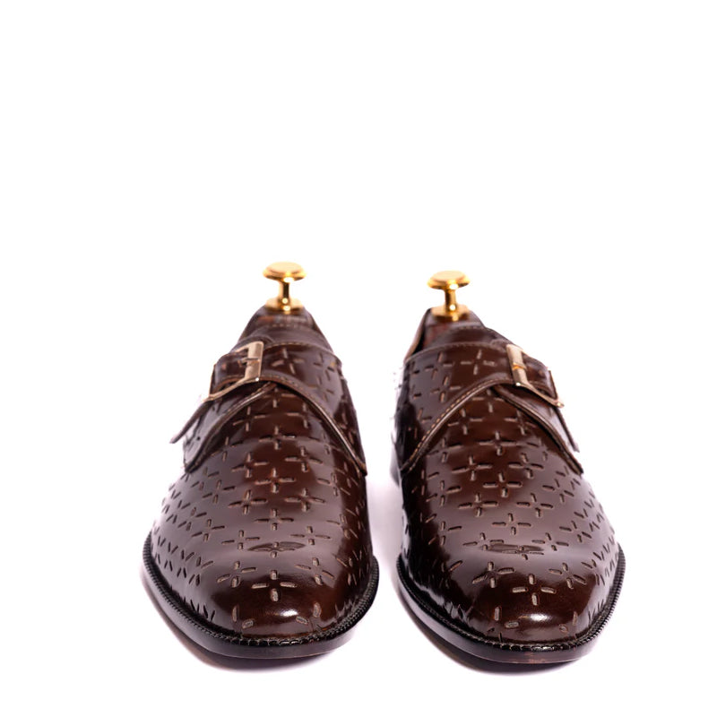 Luxury Design Shiny Leather Single Monk Strap Shoe Brown