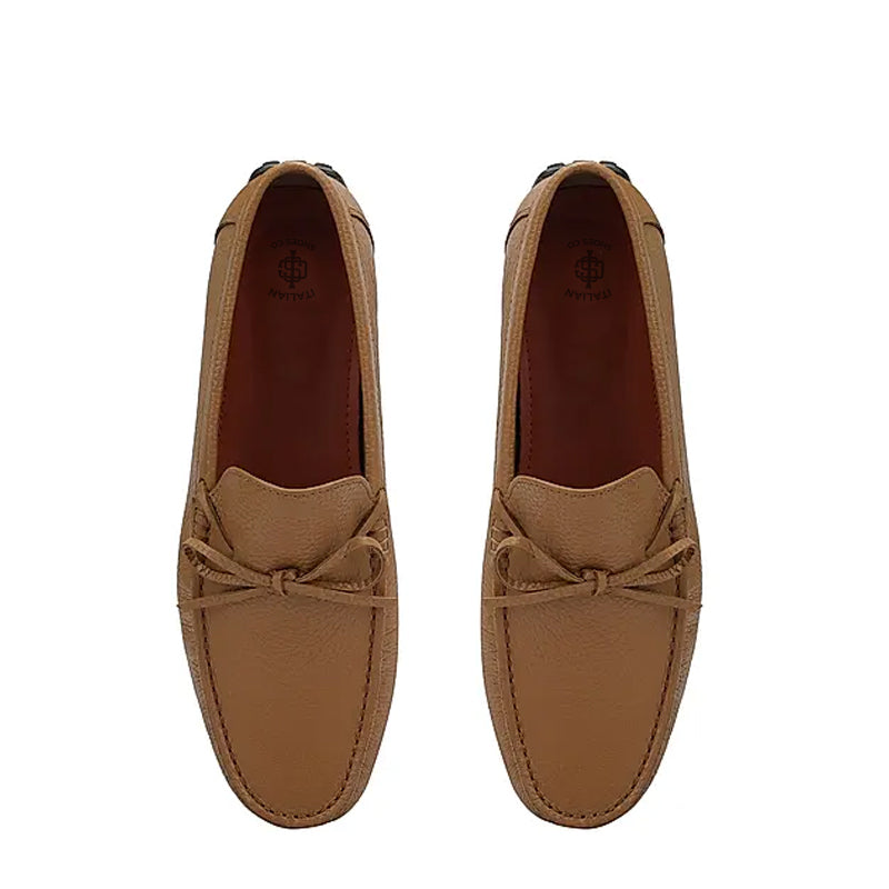 Men Round Toe Leather Driving Tan Loafer