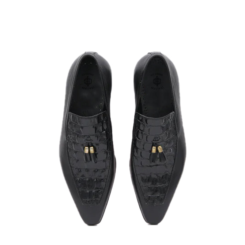 Croco Print Leather Tassel Black Loafer For Men