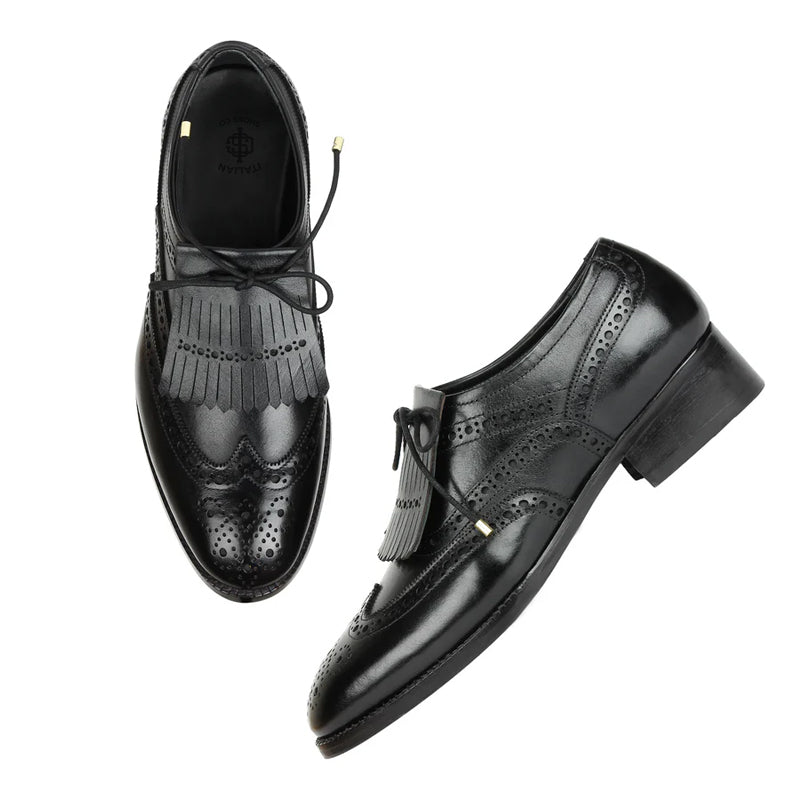 Wingtip Leather Fringed Design Oxford Shoes Black