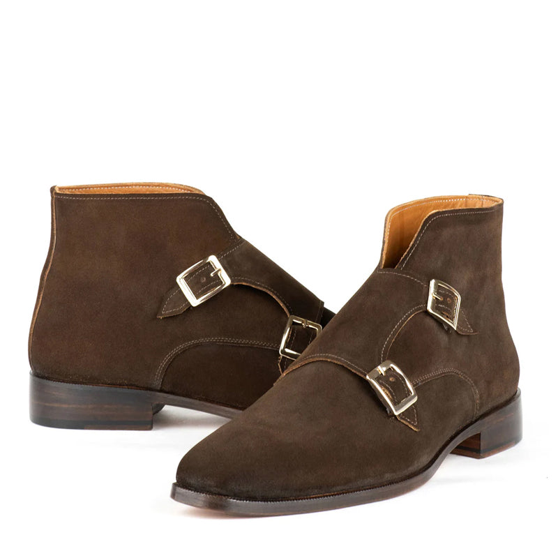 Classic Suede Leather Double Monkstraps Ankle Boot Brown