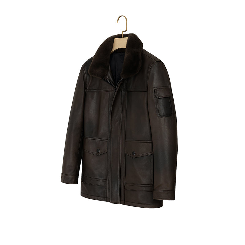 Men's Luxurious Black Front Pocket Jacket with Fur Collar