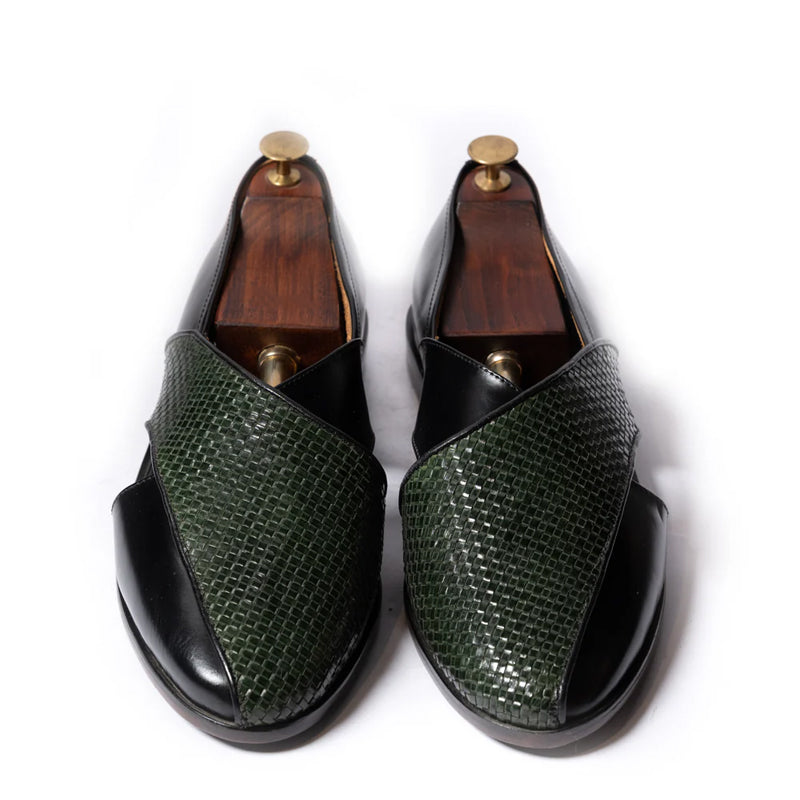Woven Texture Shiny Leather Peshawari Black and Green Sandal