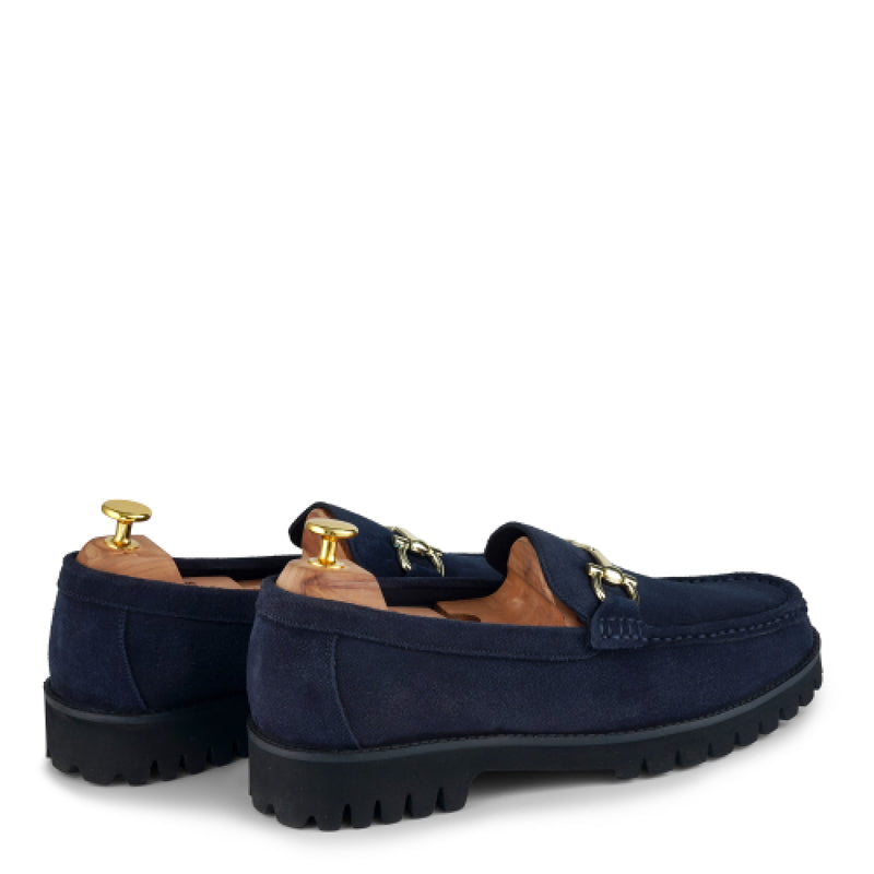 Suede Leather With Horse-bit Buckled Blue Loafer