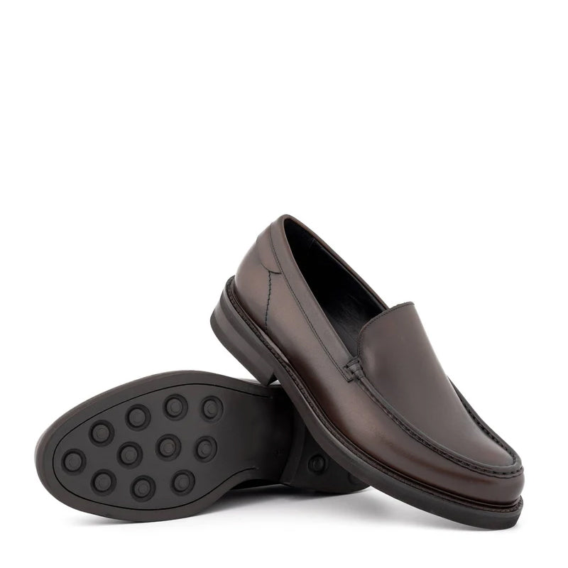 Round Toe Slip-On Leather Brown Loafer