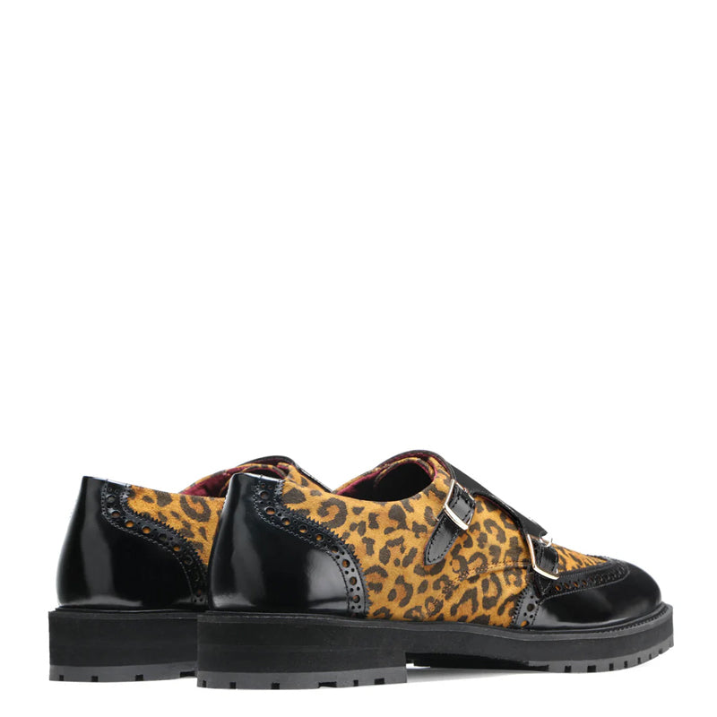 Leapard Printed Leather Double Monk Strap Shoe Black