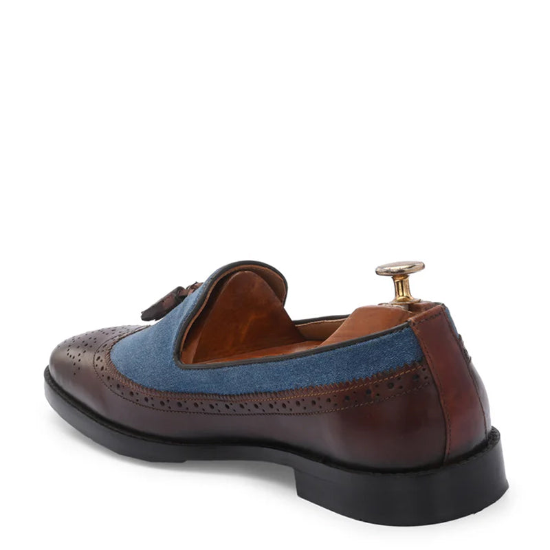 Upper Suede Wingtip Leather Tassel Brown and Blue Loafer