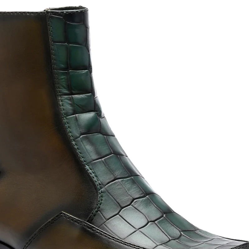 Luxury Croco Textured Leather Side-Zipper Boot Green and Brown