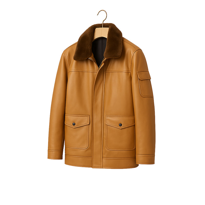 Men's Luxurious Black Front Pocket Jacket with Fur Collar