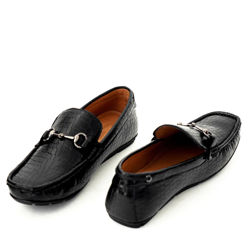 Croco Pattern Leather Horsebit Buckled Black Loafer