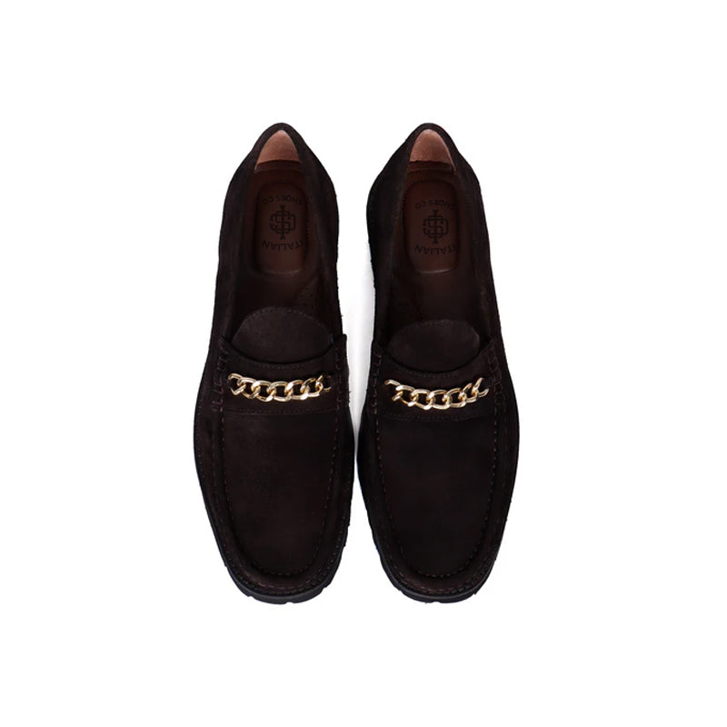 Men Suede Leather Loafers With Golden Brown Chain