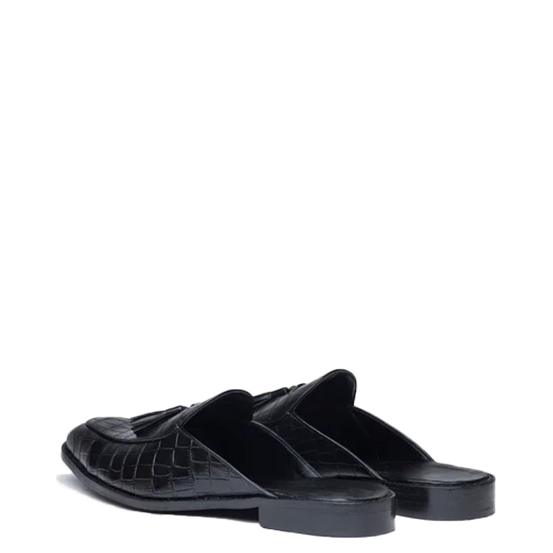 Croco Textured Leather Tassel Mule Shoe Black