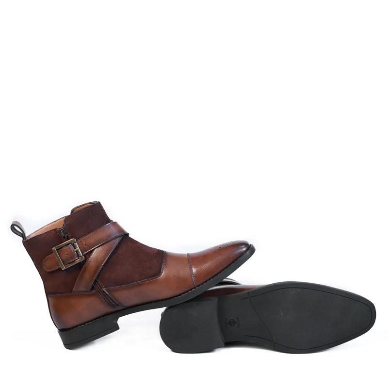 Leather Side Zip-Up Buckled Ankle Brown Boot
