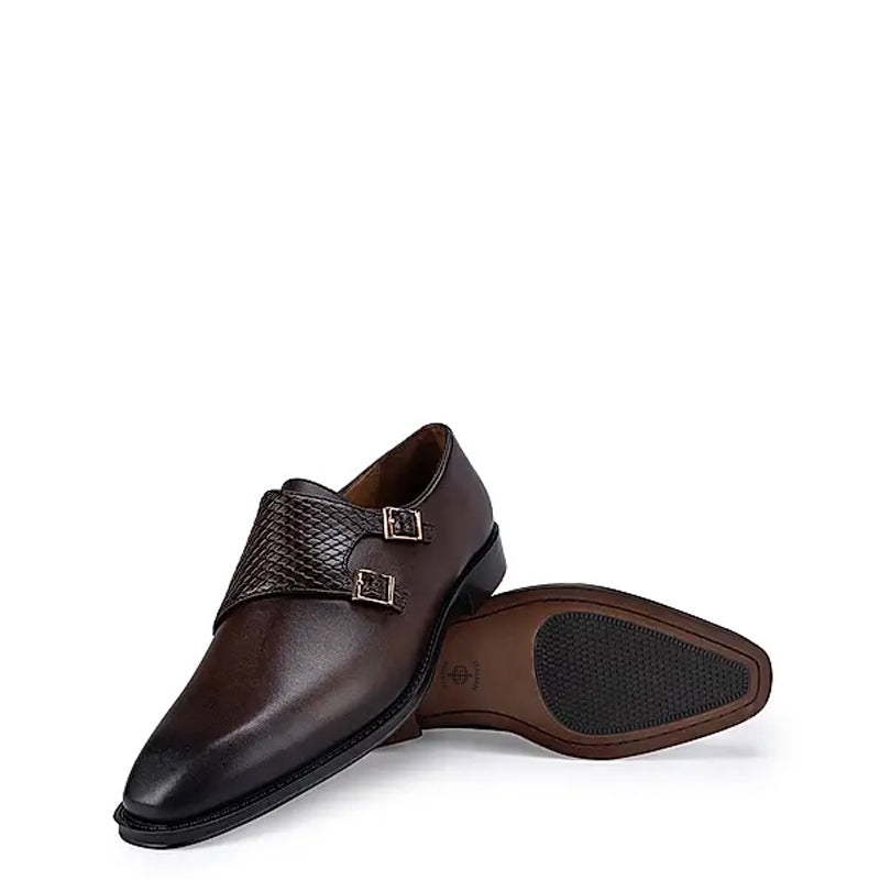 Polished Shiny Leather Textured Double Monk Shoe Brown