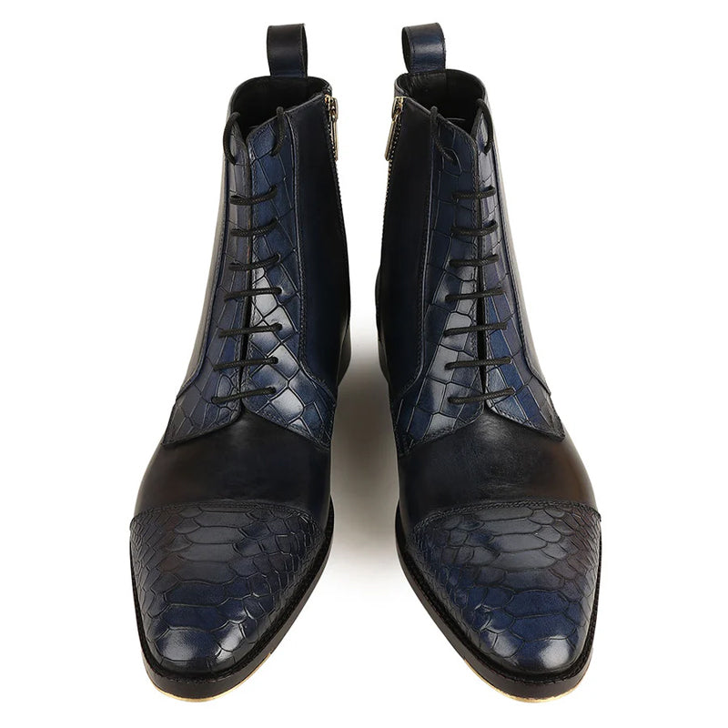 Luxury Croco Leather Cap-Toe Side-Zipper Boot Black & Blue