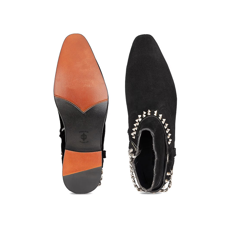 Luxury Spike Stud Velvet Side-Zipper Black Boot With Chain