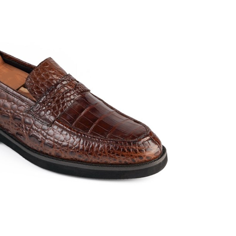 Croco Print Handmade Penny Leather Brown Loafer