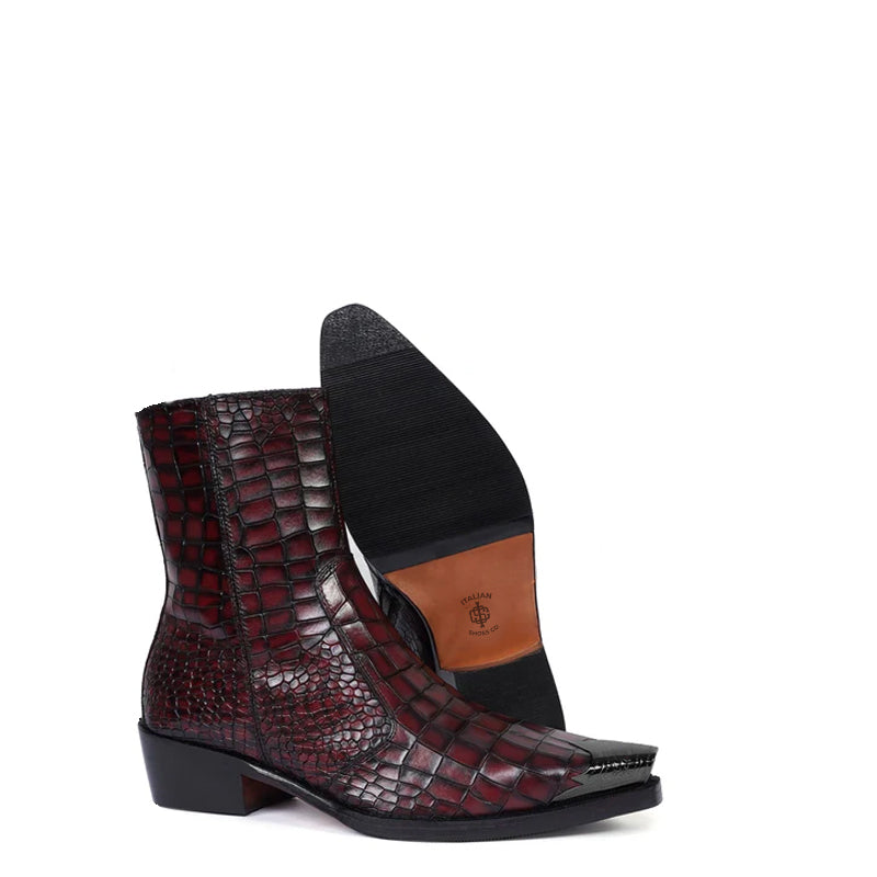 Luxury Croco Print Leather Side-Zipper Boot Black