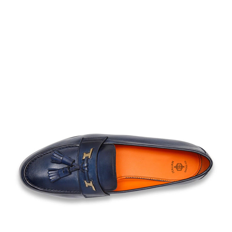 Polished Leather Tassel Blue Loafer For Men