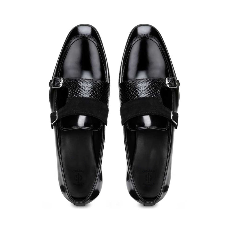 Patent Shiny Leather Double Monk Strap Black Shoe