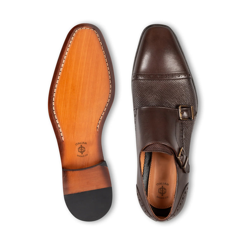 Handmade Polished Shiny Leather Stylish Double Monk Shoe Brown