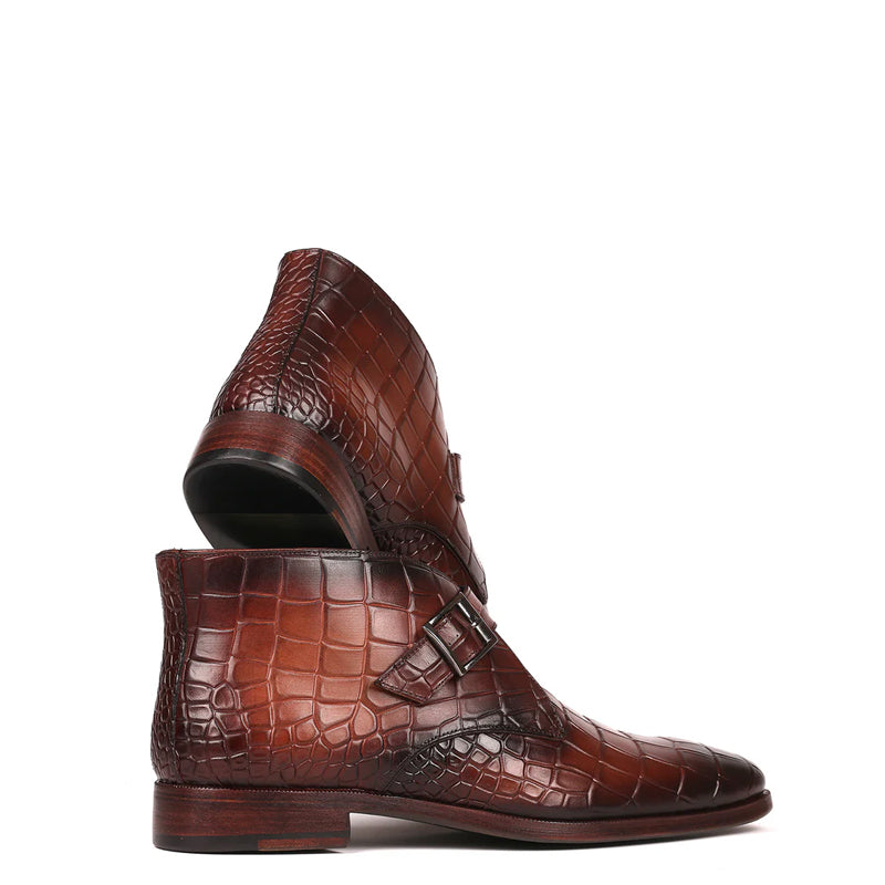Single Monk Straps Croco Print Leather Ankle Boot Brown