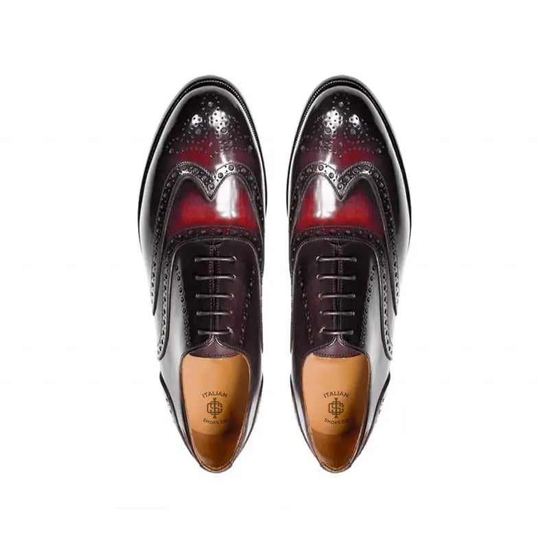 Men Wingtip Shiny Leather Oxford Burgundy Shoe