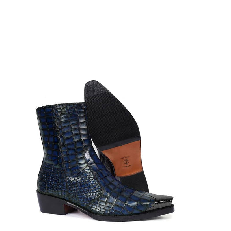 Luxury Croco Print Leather Side-Zipper Boot Black