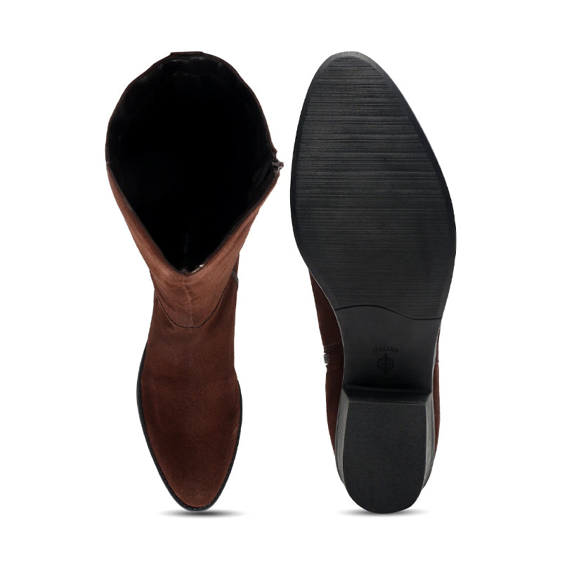 Women Suede Knee High-Top Side Zipper Brown Boot